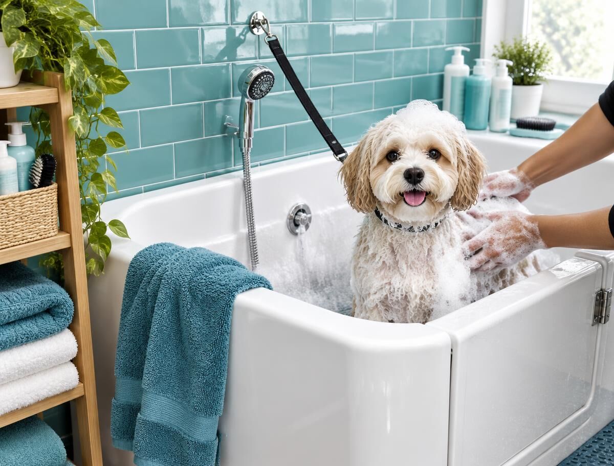 Perrito en la tina de estética con espuma