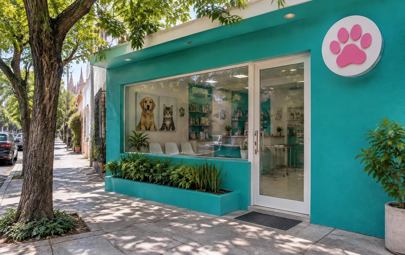 Fachada verde de la clínica con letrero de patita