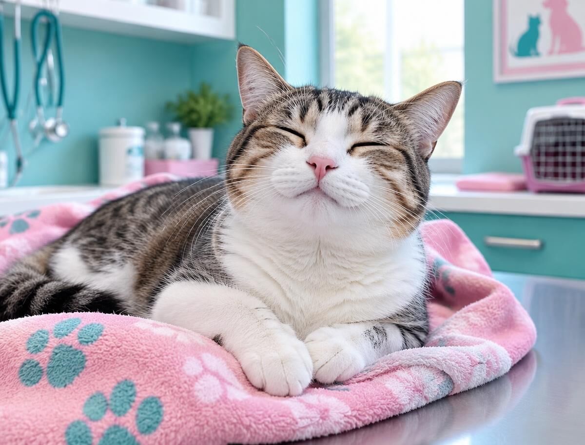 Gato descansando sobre una cobija rosa tras su revisión
