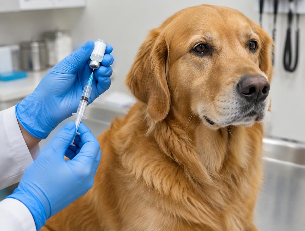 Aplicación de vacuna a un perro en consulta